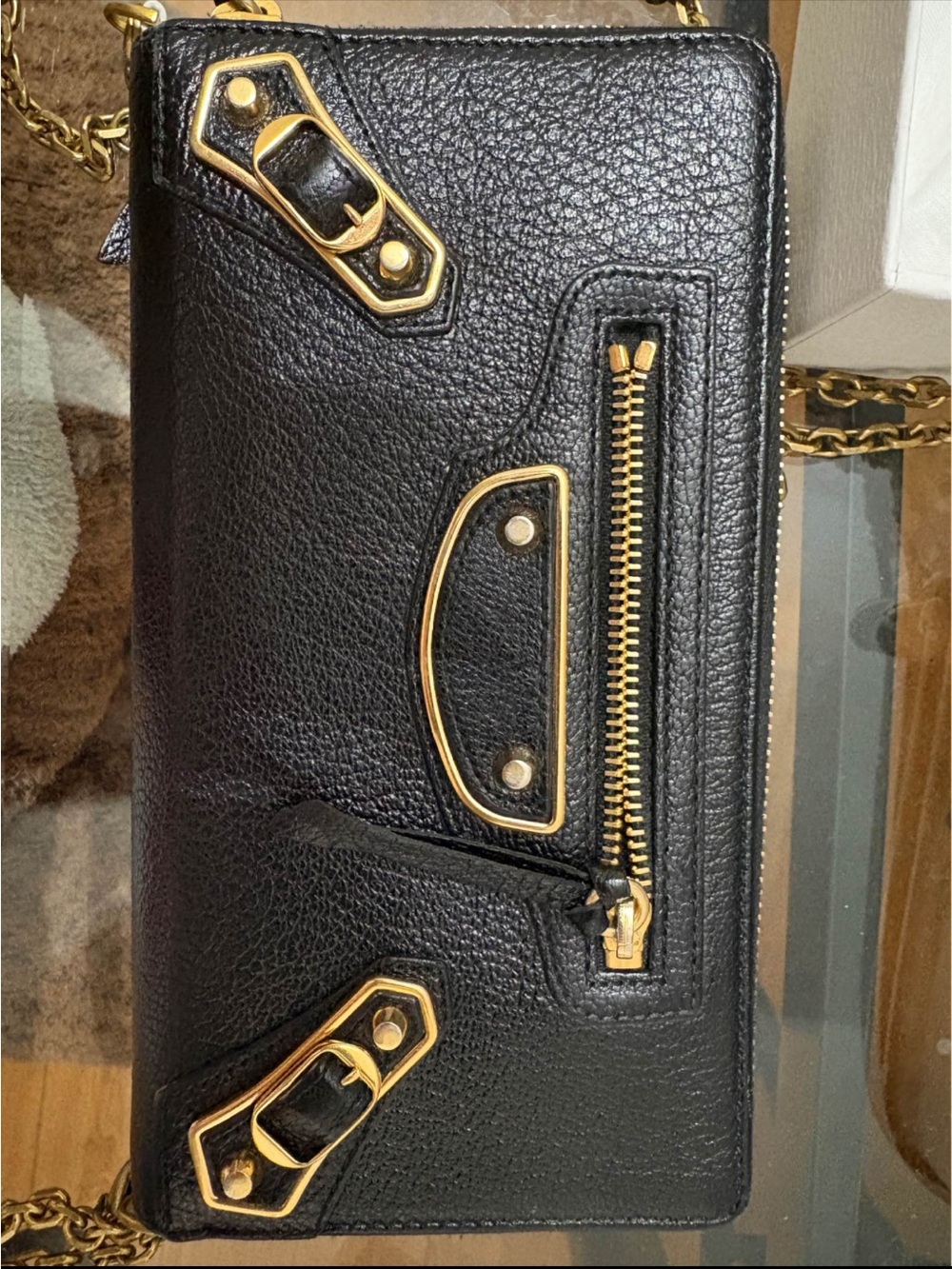 Balenciaga Black Leather Crossbody Wallet with Gold Hardware, 💯 Authentic - Picture 4 of 8